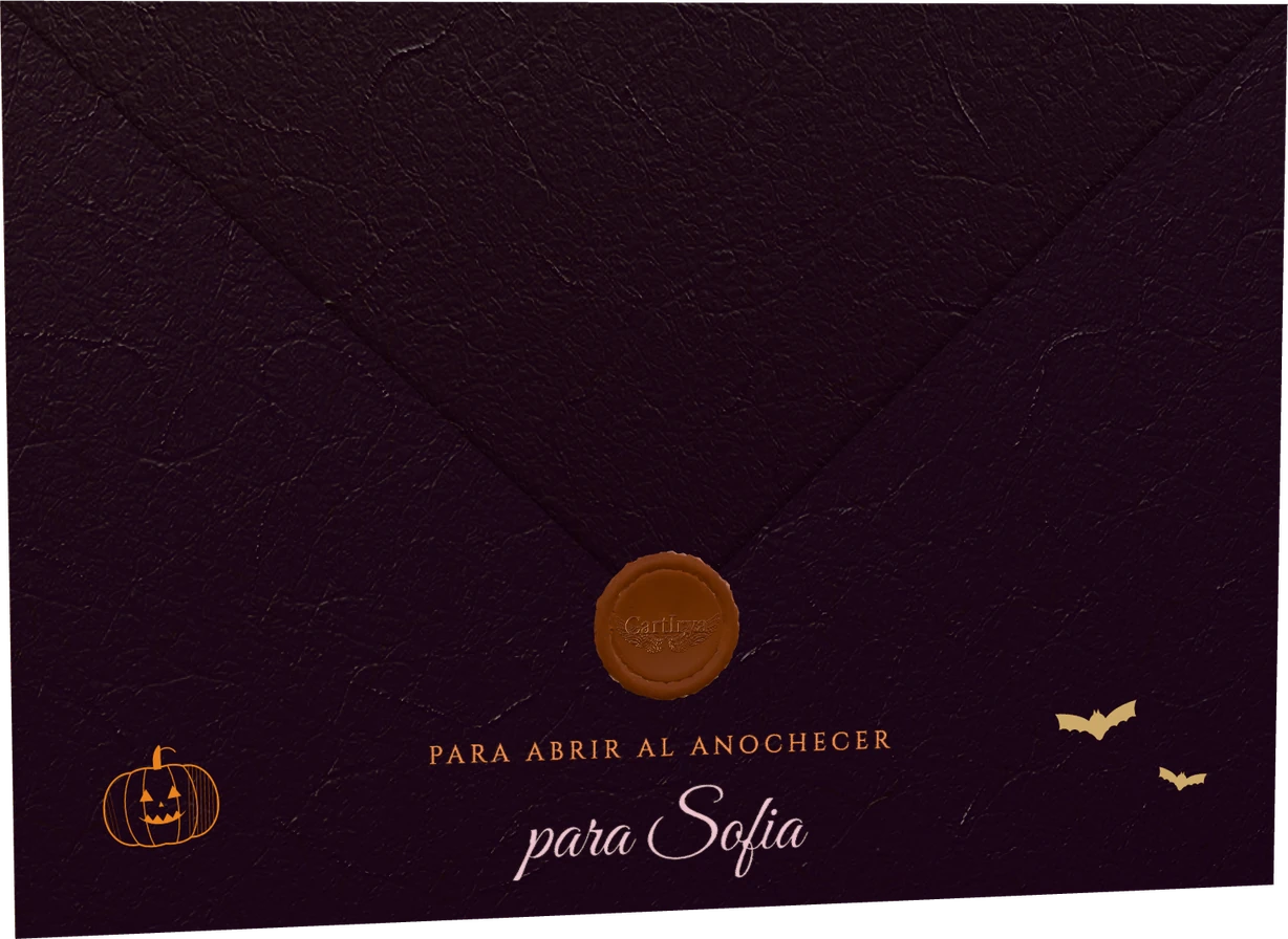 Sobre de papel washi color ciruela noche cerrado con lacre cobre, para la invitada Sofia
