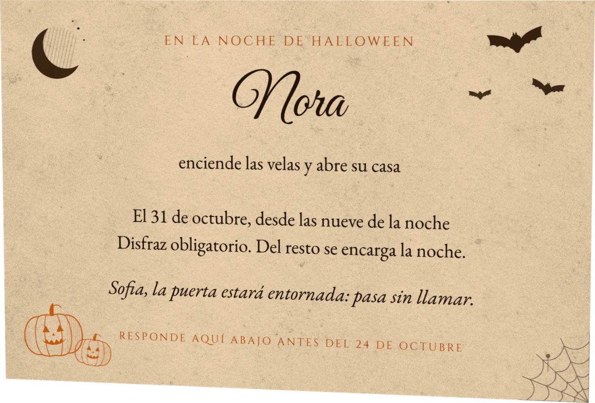 La invitación de Nora a su fiesta de Halloween, en papel antiguo con murciélagos, luna y calabazas