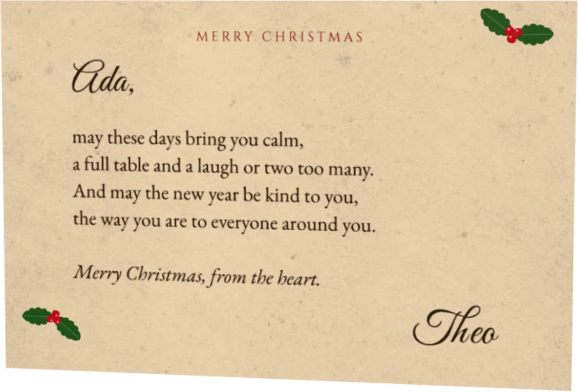Theo's Christmas letter to Ada, on antique paper with holly in the corners