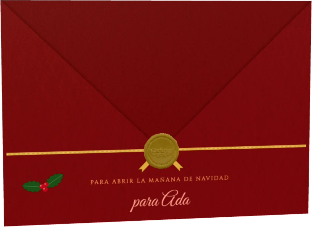 Sobre rojo cerrado con lacre dorado y una cinta dorada, con acebo, para Ada: para abrir la mañana de Navidad