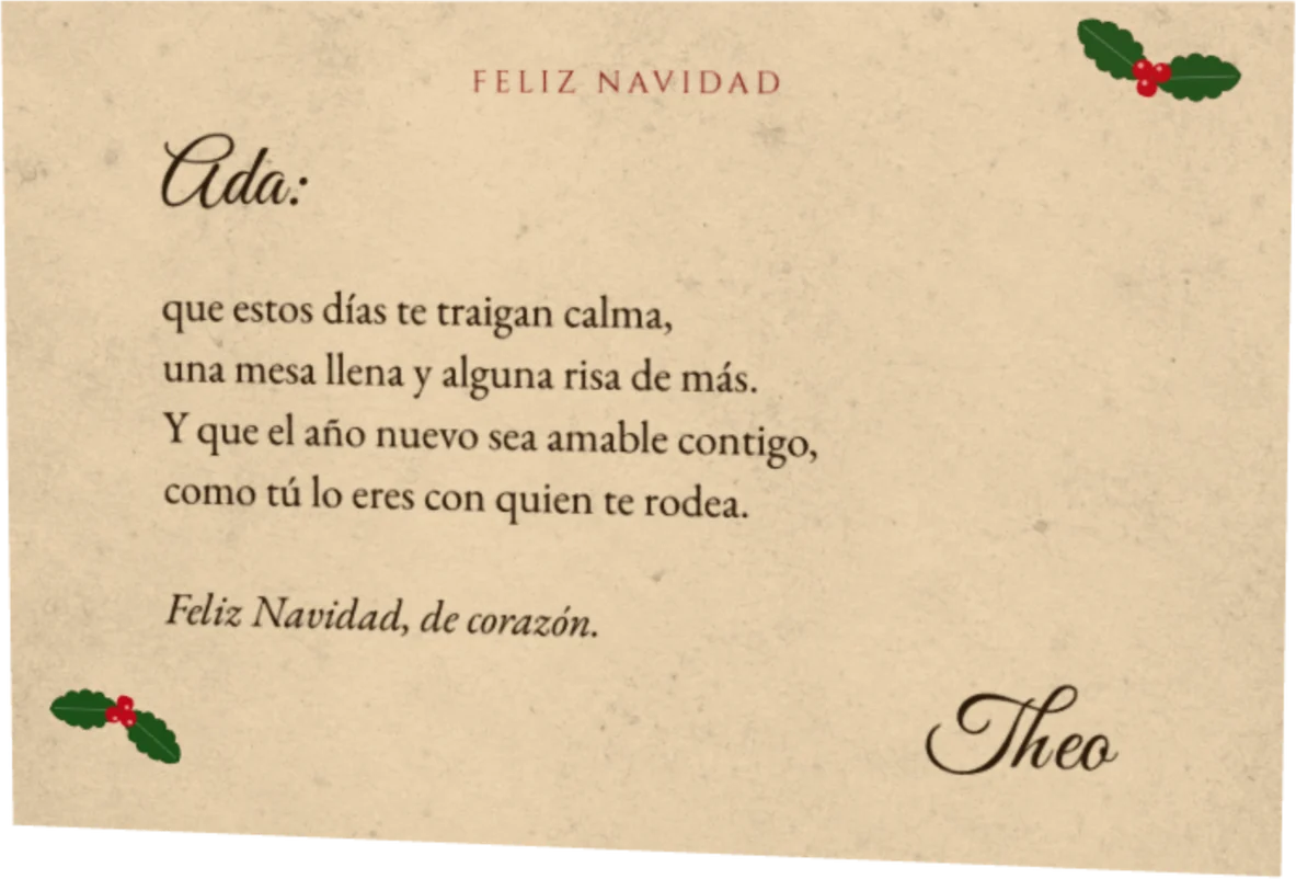 La carta de Navidad de Theo para Ada, en papel antiguo con acebo en las esquinas