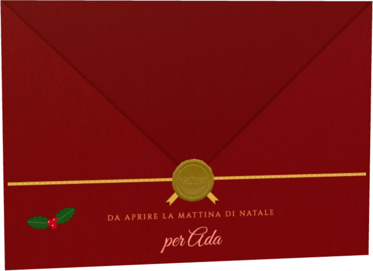 Busta rossa chiusa con ceralacca d'oro e un nastro d'oro, con l'agrifoglio, per Ada: da aprire la mattina di Natale